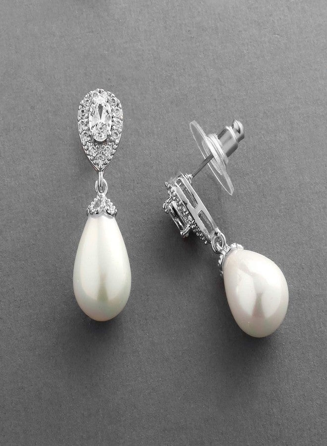 Mariell Pearl Bridal Wedding Drop Earrings with CZ Crystals for Brides, Bridesmaids, Birthday Gift - Image 4