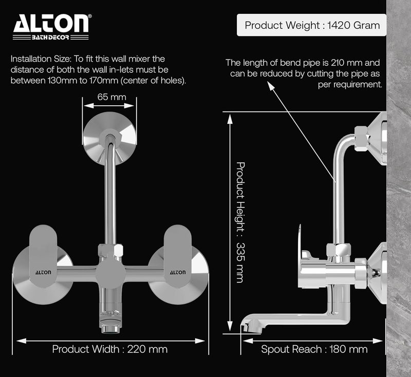 ALTON AXN9485 Brass Wall Mixer with Provision for Over Head Shower and 190mm Long Bend Pipe Chrome - Image 2