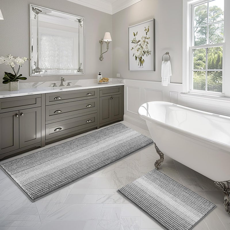 BSICPRO Bathroom Rugs and Mats Sets 2 Piece Thick Absorbent Chenille Bath Mat Rug Set Non Slip Soft Shaggy Bath Room Floor Mats for Bathroom Machine Washable Gray 24 x 70 Plus 20 x 32