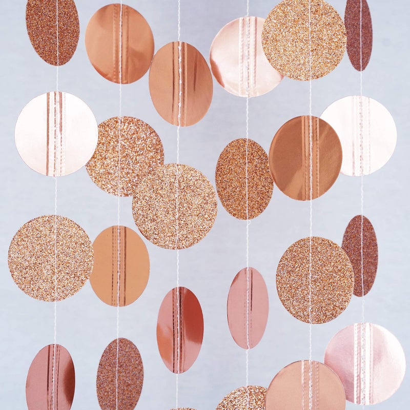 Chloe Elizabeth Circle Dots Paper Party Garland Streamer Backdrop 10 Feet Long  Rose Gold Glitter