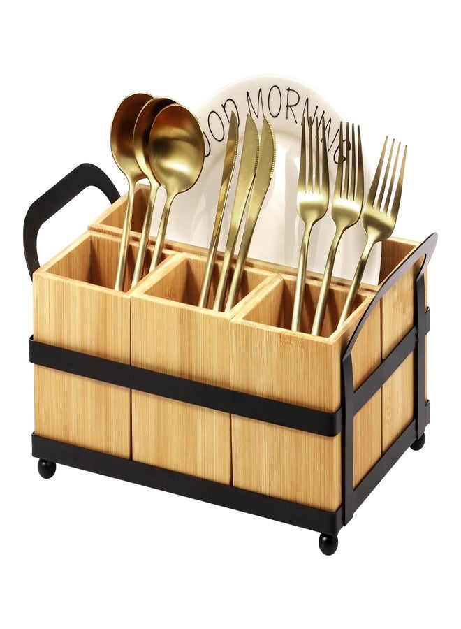 Hevtsde 4 Compartment Silverware Caddy - Wood Silverware Holder with Double Handle, Bamboo Removable Slot Utensil Caddy, Rustic Farmhouse Flatware Holder for Paper Plates, Spoons, Forks, Napkins, Cutlery - Image 1