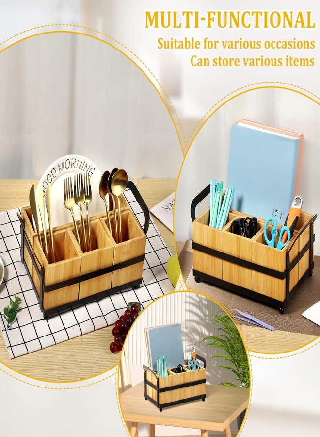 Hevtsde 4 Compartment Silverware Caddy - Wood Silverware Holder with Double Handle, Bamboo Removable Slot Utensil Caddy, Rustic Farmhouse Flatware Holder for Paper Plates, Spoons, Forks, Napkins, Cutlery - Image 2