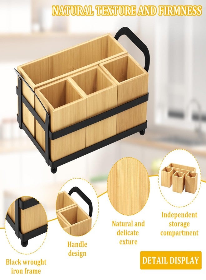 Hevtsde 4 Compartment Silverware Caddy - Wood Silverware Holder with Double Handle, Bamboo Removable Slot Utensil Caddy, Rustic Farmhouse Flatware Holder for Paper Plates, Spoons, Forks, Napkins, Cutlery - Image 4