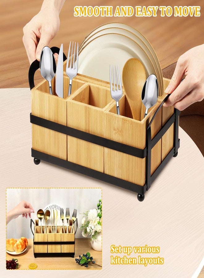 Hevtsde 4 Compartment Silverware Caddy - Wood Silverware Holder with Double Handle, Bamboo Removable Slot Utensil Caddy, Rustic Farmhouse Flatware Holder for Paper Plates, Spoons, Forks, Napkins, Cutlery - Image 5
