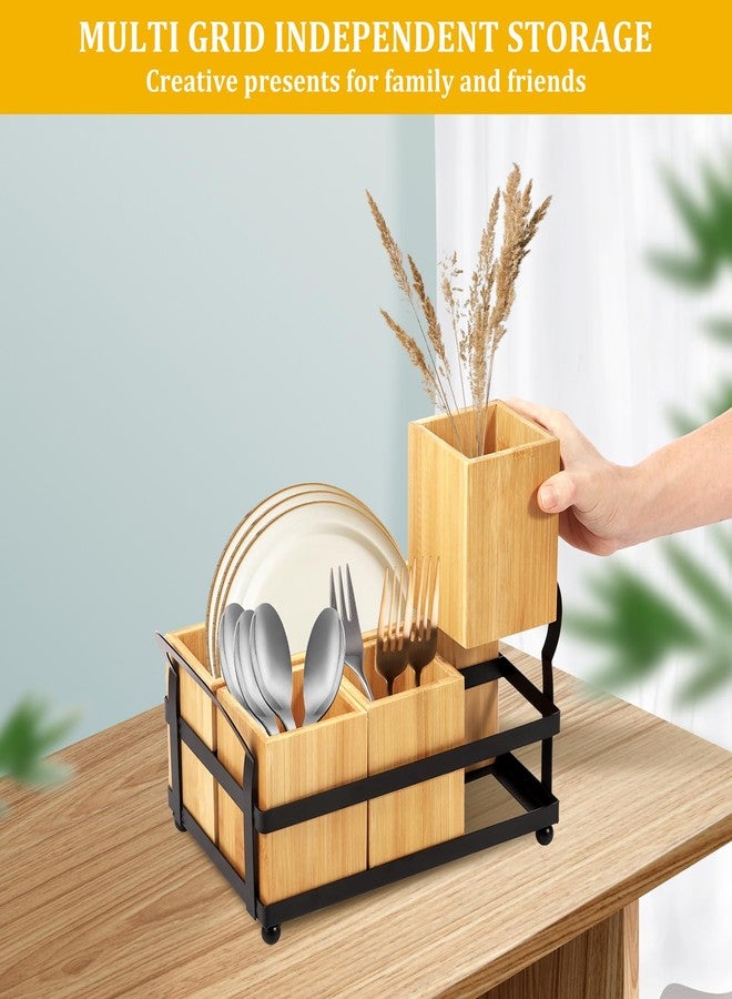 Hevtsde 4 Compartment Silverware Caddy - Wood Silverware Holder with Double Handle, Bamboo Removable Slot Utensil Caddy, Rustic Farmhouse Flatware Holder for Paper Plates, Spoons, Forks, Napkins, Cutlery - Image 3