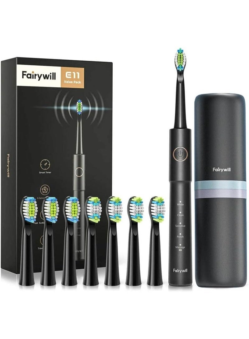 Fairywill Fairy Will E11 Sonic Electric Toothbrush with 8 Bursh Heads and Black Travel Case, Black - Image 1
