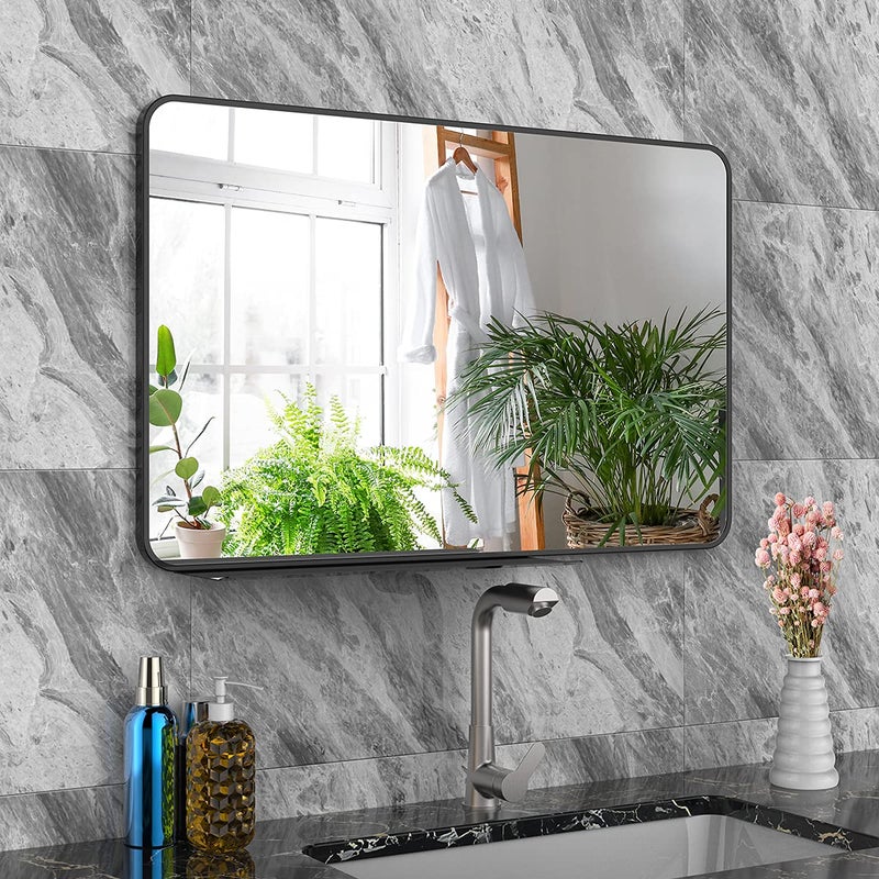 WONSTART Wall Mirror with Shelf for Bathroom 28 x 18 Inch Black Frame Wall Mirrors Hangs Horizontal or Vertical Modern Wall Mounted Mirrors with Rounded Corner