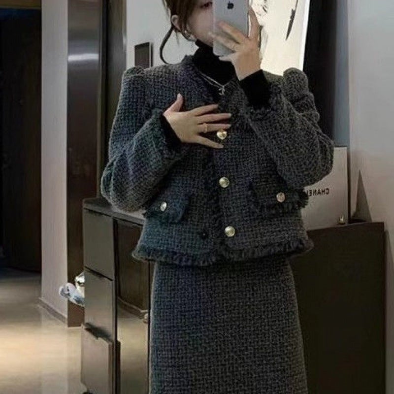 2024 Spring and Autumn New Style Chanel Style Dress Two-piece Slimming Tassel Design Skirt Rear Split Two-piece Set Black jacket [single piece]