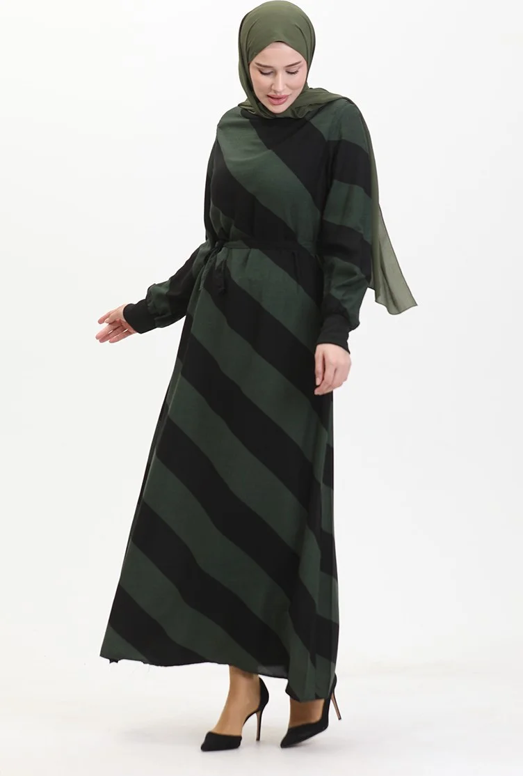 Sefa Merve Geometric Patterned Belted Viscose Dress 0460-07 Khaki Black