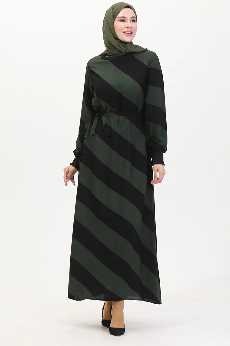 Sefa Merve Geometric Patterned Belted Viscose Dress 0460-07 Khaki Black
