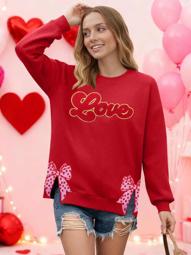 PECHAR Valentine Sweatshirts Women Love Valentines Shirts Embroidered Crewneck Long Sleeve Tops With Side Heart Applique - Image 3