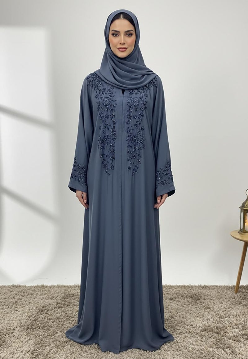 NUKHBAA Lina Crystal Rain & Beaded Neck Abaya-854 - Image 1