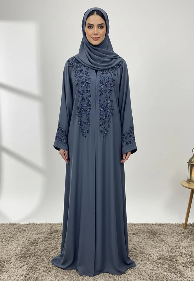 NUKHBAA  Lina Crystal Rain & Beaded Neck Abaya-854 for Women | Best Price UAE