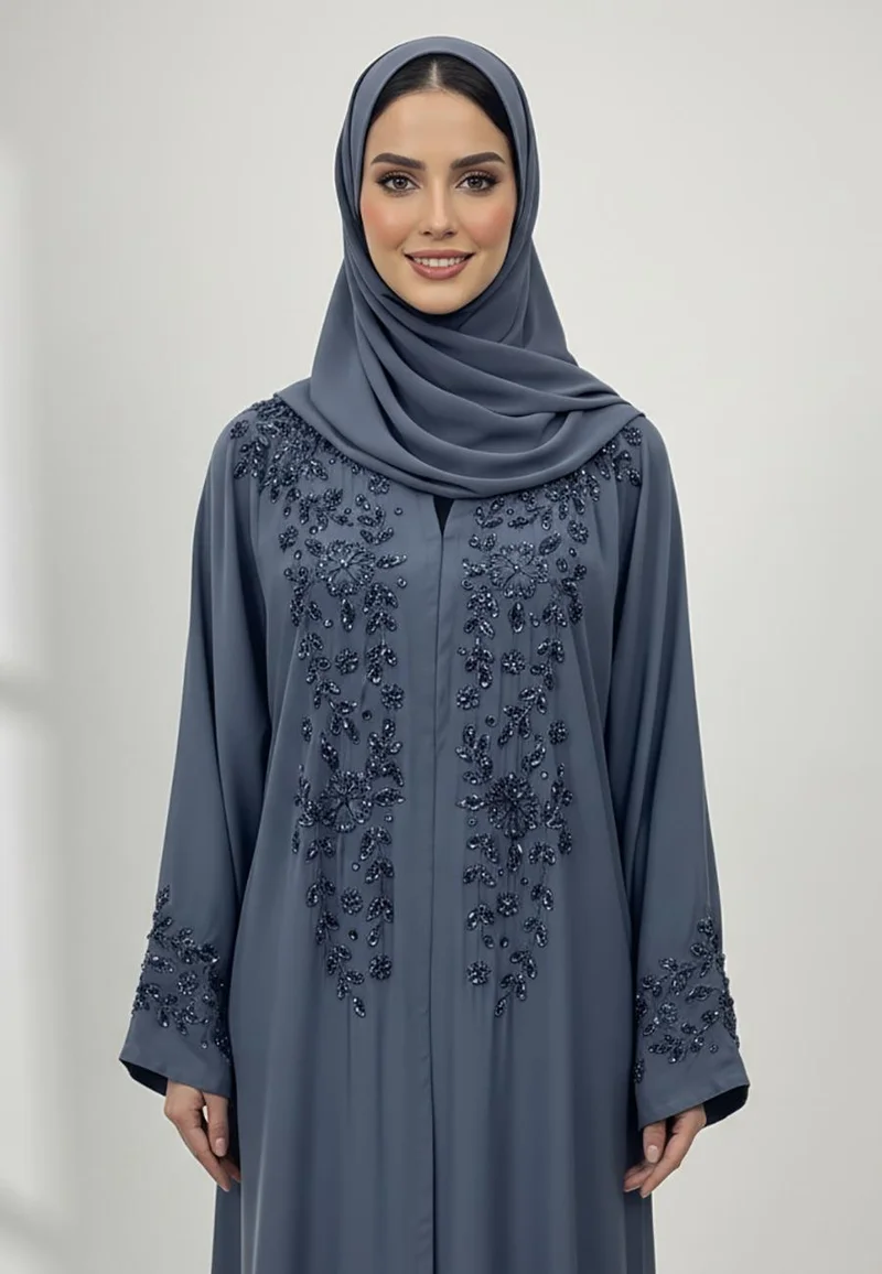 NUKHBAA Lina Crystal Rain & Beaded Neck Abaya-854