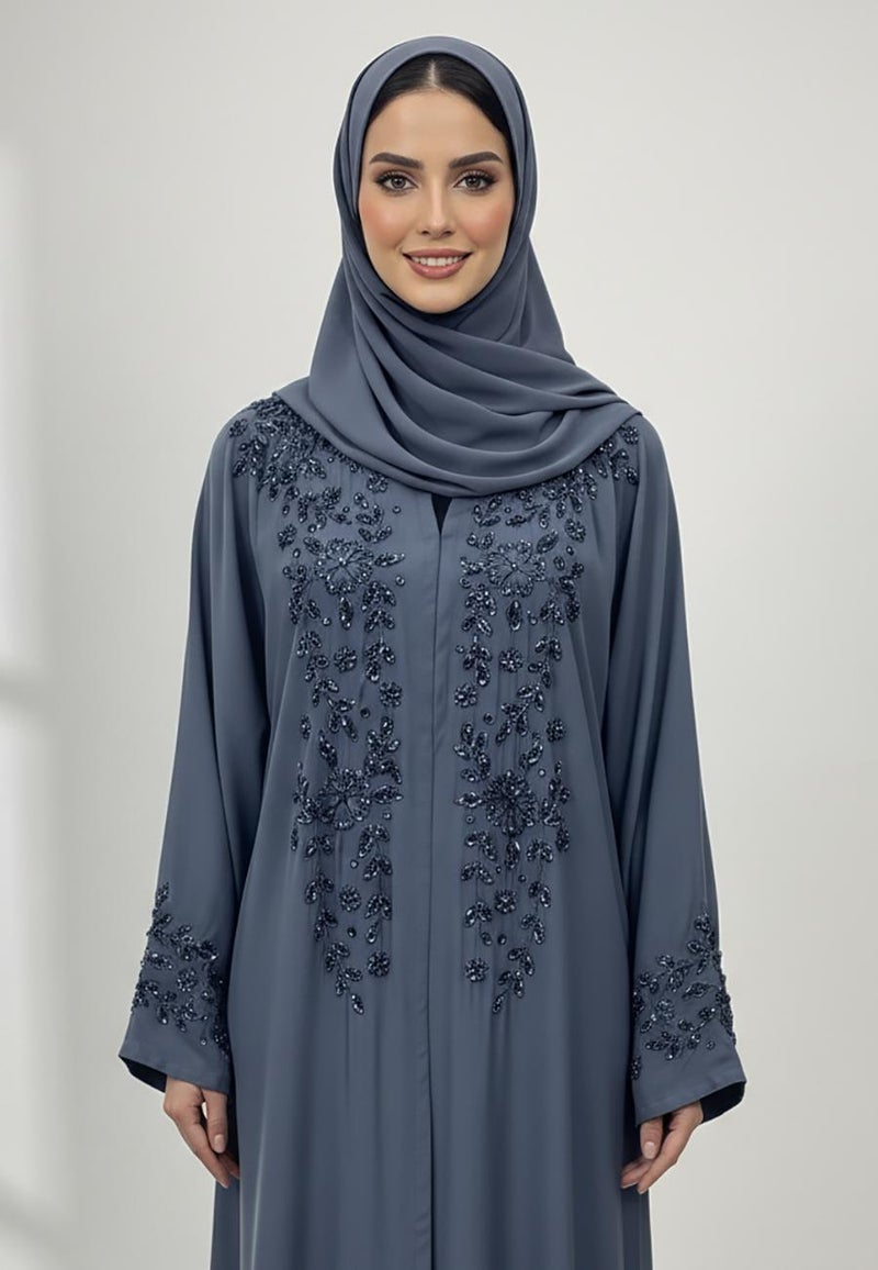 NUKHBAA Lina Crystal Rain & Beaded Neck Abaya-854 - Image 2