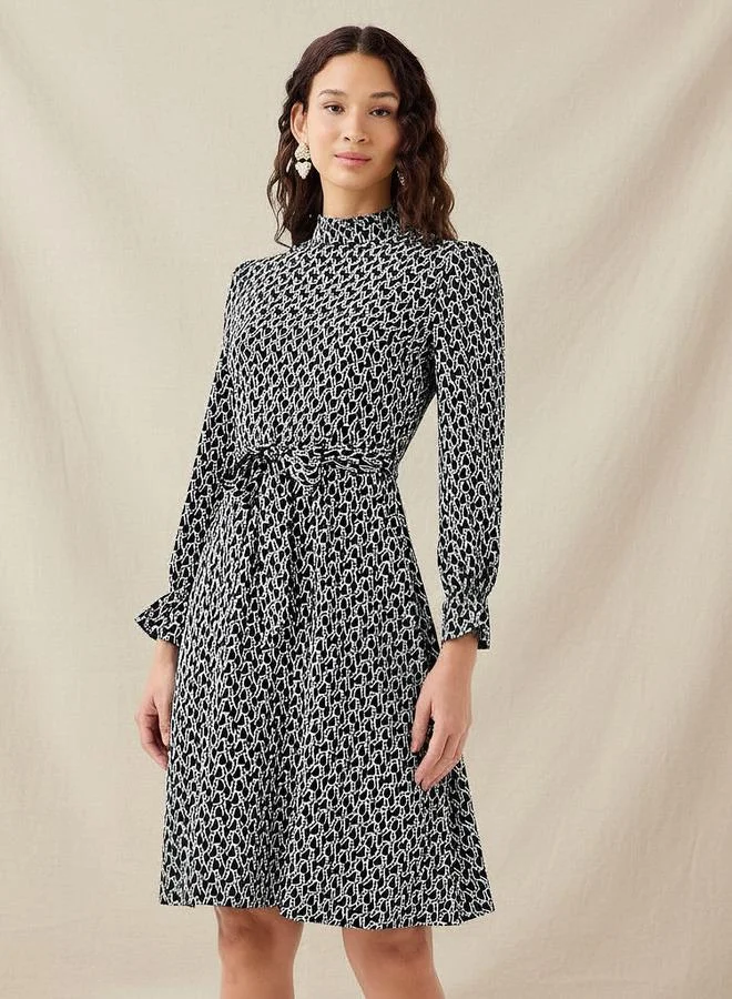 Splash FAV Abstract Print Mini Dress with High Neck and Tie-Up Belt