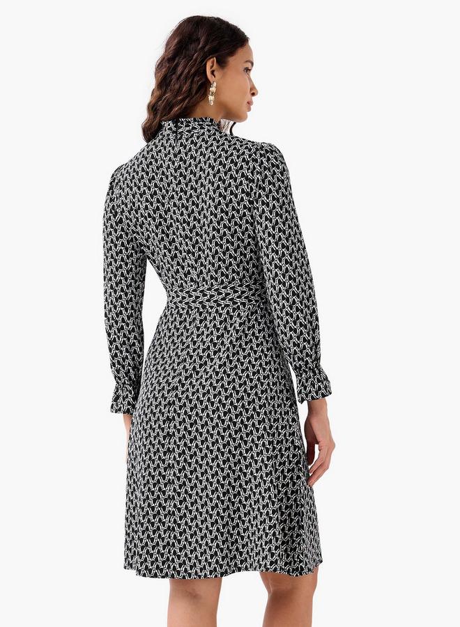 Splash FAV Abstract Print Mini Dress with High Neck and Tie-Up Belt - Image 3