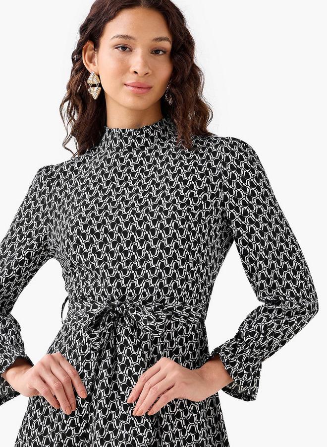 Splash FAV Abstract Print Mini Dress with High Neck and Tie-Up Belt - Image 5