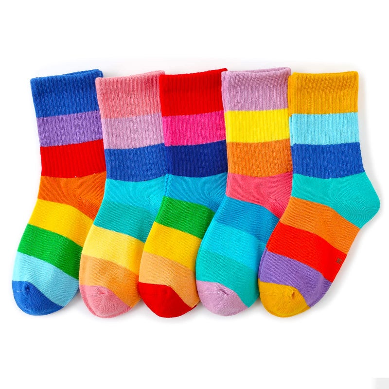 hakugoo Kids Crew Socks - Seamless Rainbow Stripes Cotton Athletic Sock (5 Pairs, Set C,M, 6-8 Years Unisex) - Image 1