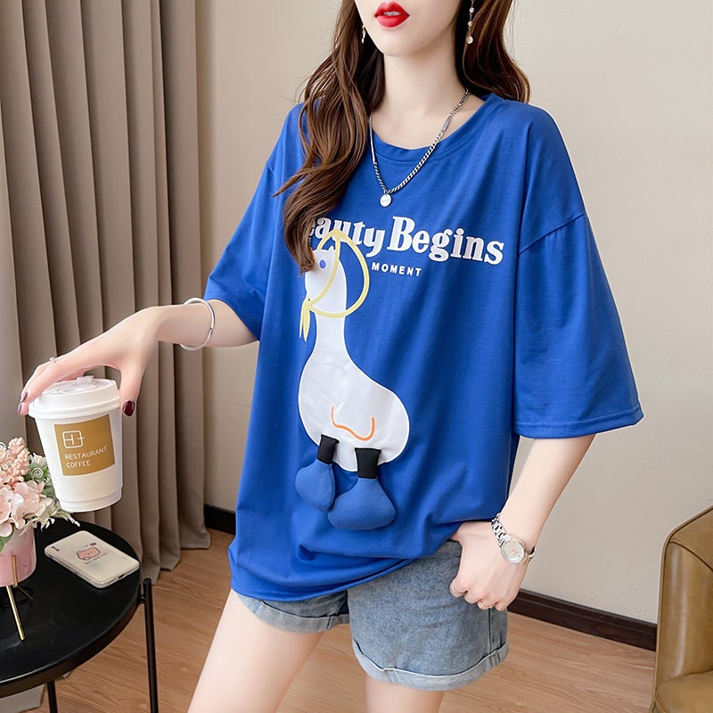 8925# [Real S 6535 ] Summer Fresh Cute Cartoon Duck Print 2024 Round Neck T-Shirt For Women - Image 4