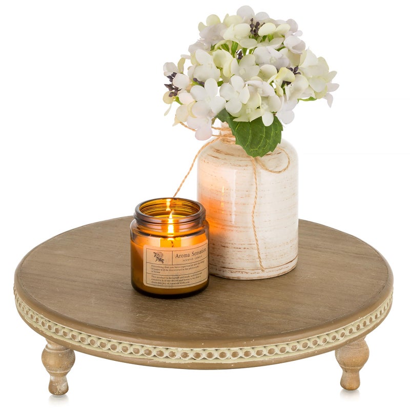 Hanobe Round Decorative Tray Stand Beaded Vintage Wood Pedestal Risers Farmhouse Circle Display Holder for Coffee Table Home Decor Kitchen Bathroom Counter
