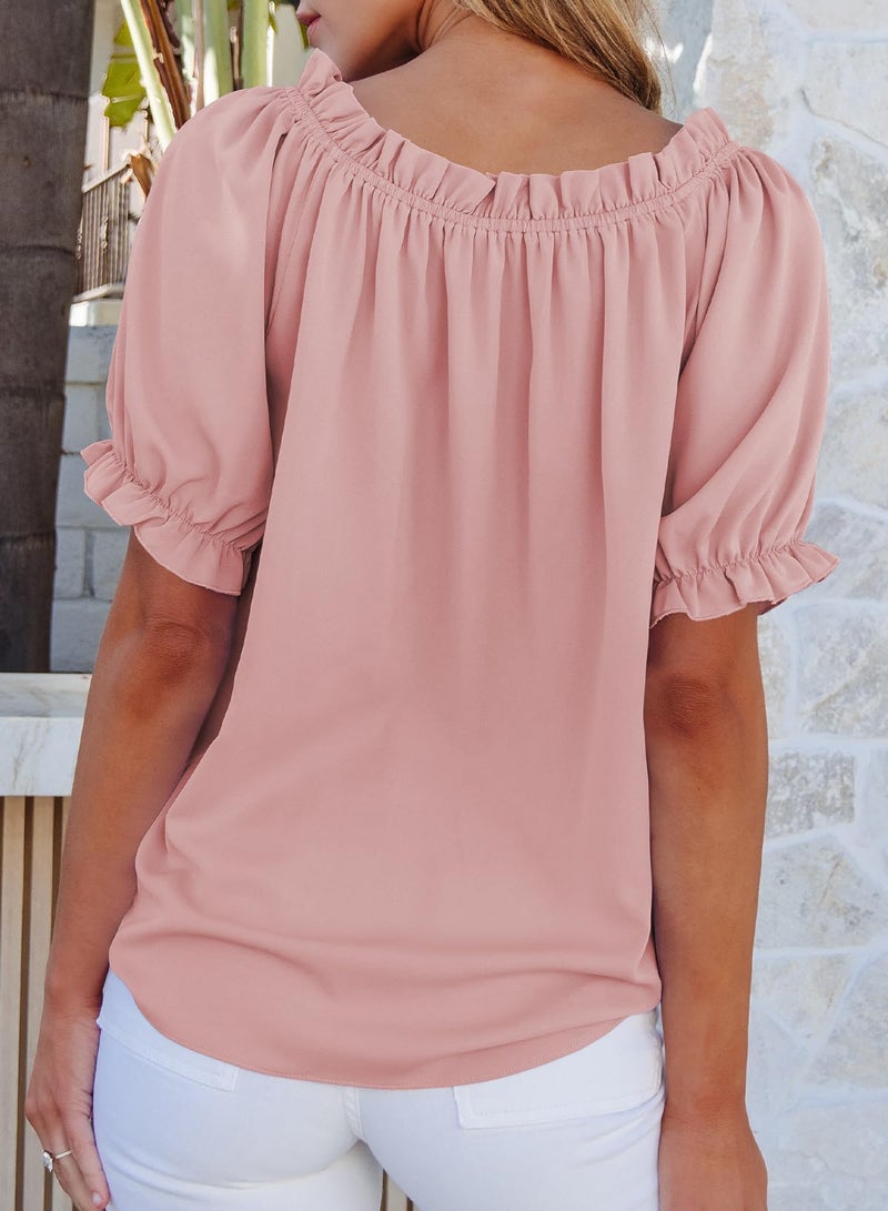 EVALESS Womens Short Sleeve Tops Summer Outfits 2026 Pink Blouses for Women Dressy Casual Sexy Boat Neck Tunic Top Cute Spring Clothes Work Puff Sleeve Off The Shoulder Blouse, X-Large - Image 4