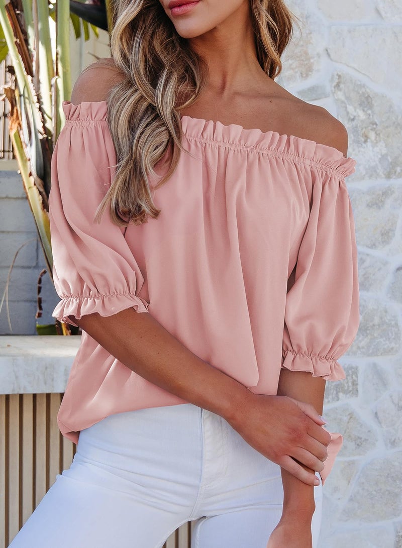 EVALESS Womens Short Sleeve Tops Summer Outfits 2026 Pink Blouses for Women Dressy Casual Sexy Boat Neck Tunic Top Cute Spring Clothes Work Puff Sleeve Off The Shoulder Blouse, X-Large - Image 3