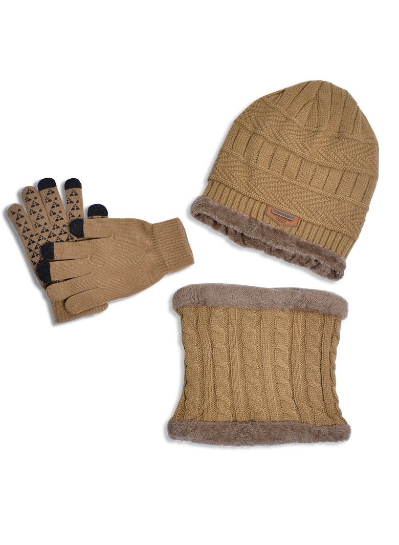 Loquat Winter Padded Cap Knitted Hat Scarf 3-Piece Set Beige - Image 1