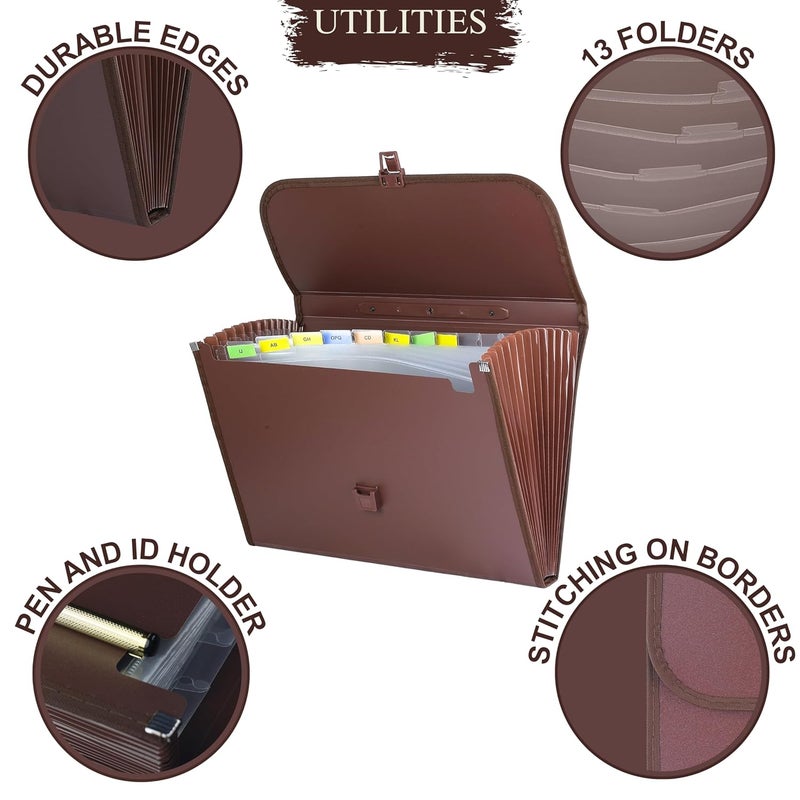 sps 13 Pockets Expanding File Folder with Buckle Closure,Label Index and Handle for A4/Foolscap/Legal Documents (Brown) - Image 3