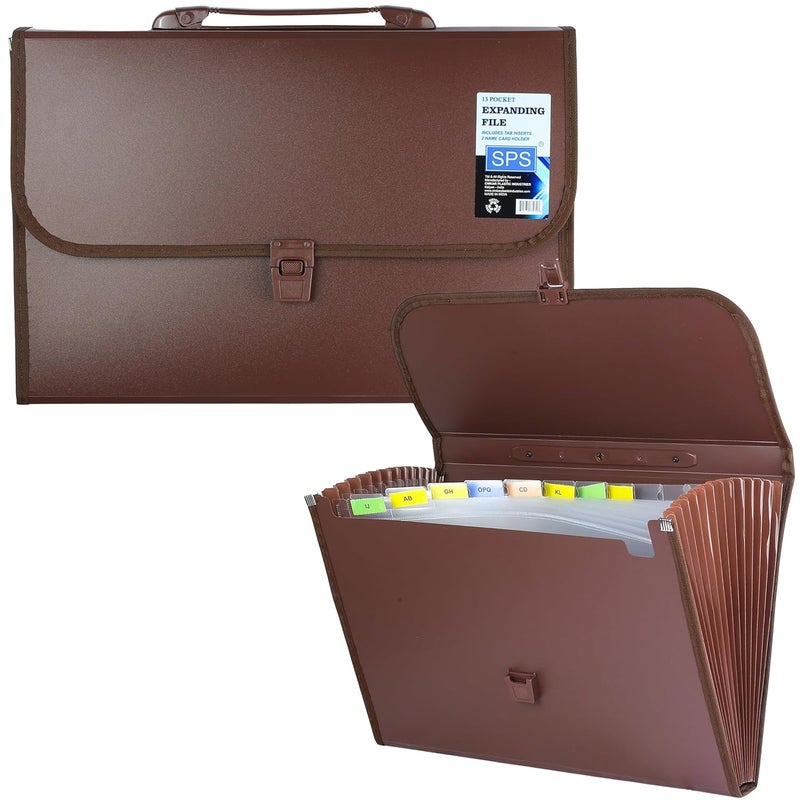 sps 13 Pockets Expanding File Folder with Buckle Closure,Label Index and Handle for A4/Foolscap/Legal Documents (Brown) - Image 1