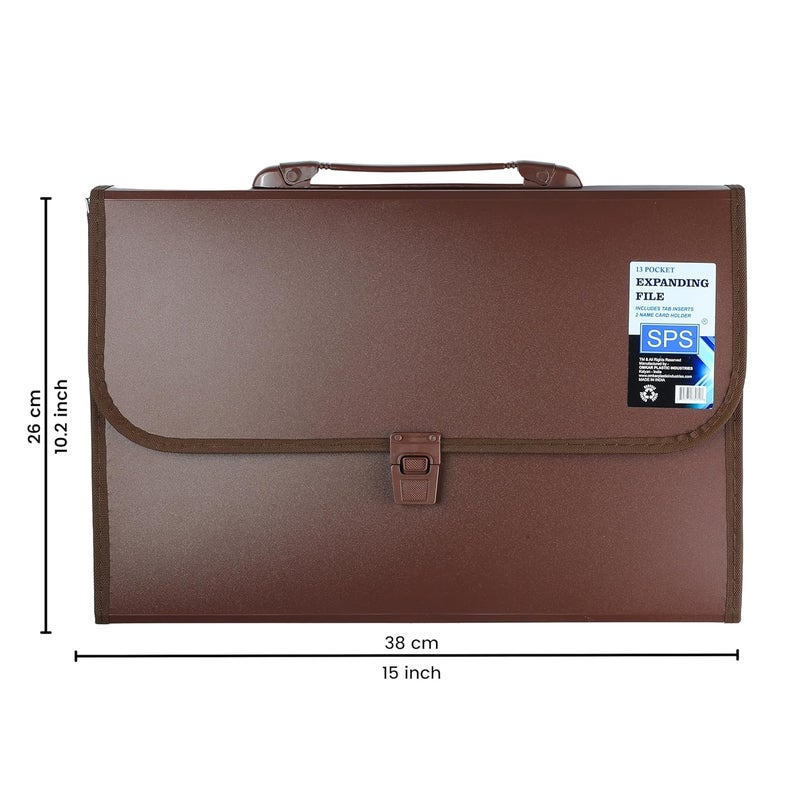 sps 13 Pockets Expanding File Folder with Buckle Closure,Label Index and Handle for A4/Foolscap/Legal Documents (Brown) - Image 2