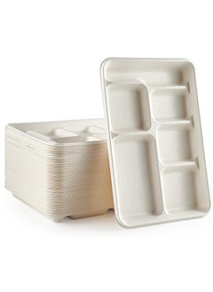 KASTWAVE 50 Pack 100% Compostable 6 Compartment Plates, Heavy-Duty Disposable Paper Plate, Compartment Paper Plate, 12*8 inch Disposable School Lunch Trays, Eco-Friendly Bagasse Plates for School Lunch, Buffet  - Image 1
