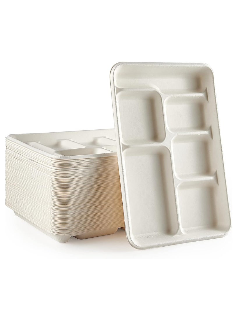 KASTWAVE 50 حزمة أطباق 100% قابلة للتحلل 6 قسم، أطباق ورقية قوية قابلة للاستخدام لمرة واحدة، أطباق ورقية مقسمة، صواني غداء مدرسية قابلة للاستخدام لمرة واحدة 12*8 بوصة، أطباق باجاس صديقة للبيئة لغداء المدرسة، بوفيه - Image 1