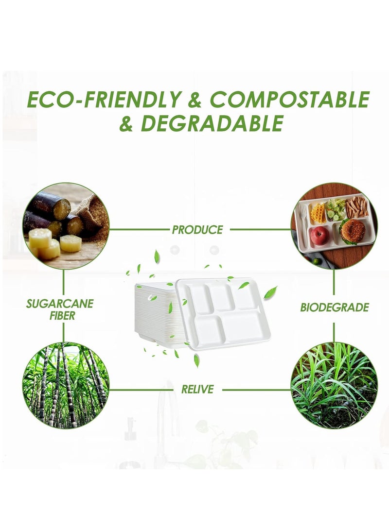 KASTWAVE 50 حزمة أطباق 100% قابلة للتحلل 6 قسم، أطباق ورقية قوية قابلة للاستخدام لمرة واحدة، أطباق ورقية مقسمة، صواني غداء مدرسية قابلة للاستخدام لمرة واحدة 12*8 بوصة، أطباق باجاس صديقة للبيئة لغداء المدرسة، بوفيه - Image 3