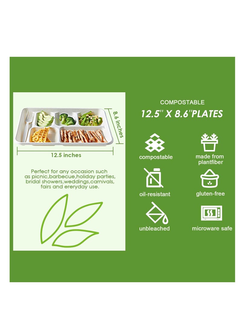 KASTWAVE 50 حزمة أطباق 100% قابلة للتحلل 6 قسم، أطباق ورقية قوية قابلة للاستخدام لمرة واحدة، أطباق ورقية مقسمة، صواني غداء مدرسية قابلة للاستخدام لمرة واحدة 12*8 بوصة، أطباق باجاس صديقة للبيئة لغداء المدرسة، بوفيه - Image 4