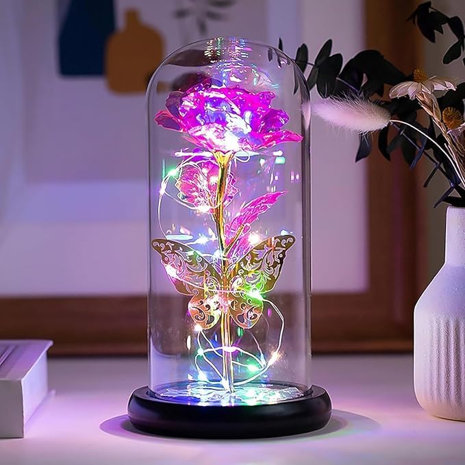 JUGTE Galaxy Rose Flower With Butterfly LED Lights Everlasting Crystal Rose Flowers Gift Diwali Gift For WifeGirlfriendSister Birthday Pink Butterfly 10X8X8 Cm - Image 1