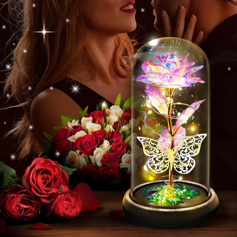 JUGTE Galaxy Rose Flower With Butterfly LED Lights Everlasting Crystal Rose Flowers Gift Diwali Gift For WifeGirlfriendSister Birthday Pink Butterfly 10X8X8 Cm - Image 2