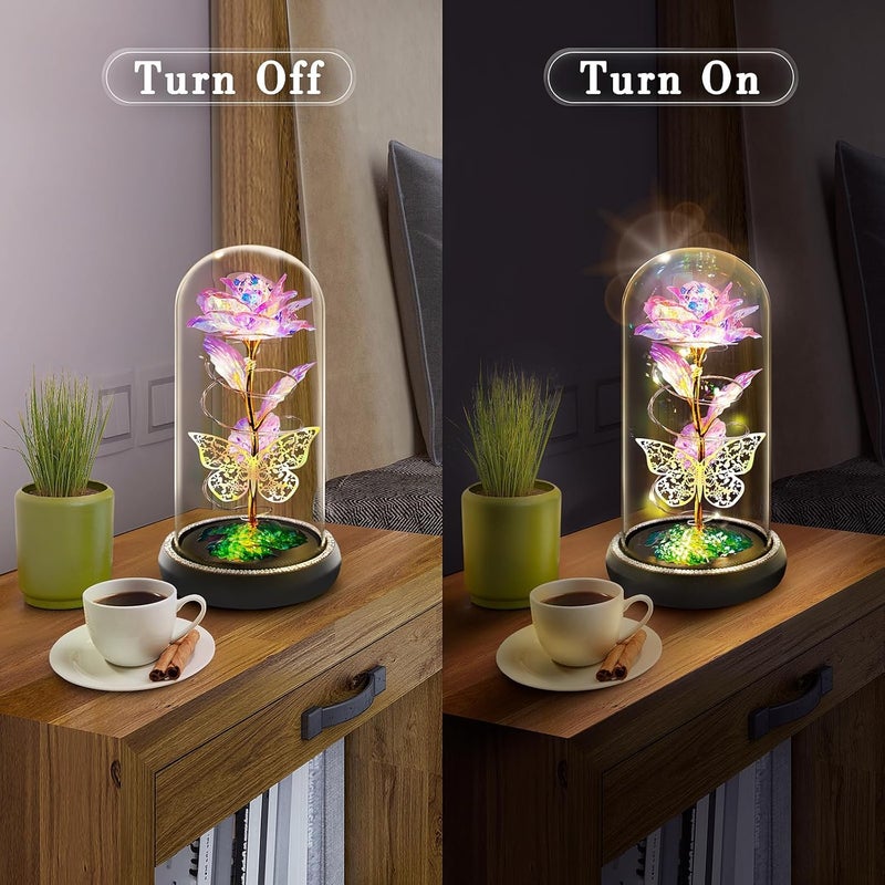 JUGTE Galaxy Rose Flower With Butterfly LED Lights Everlasting Crystal Rose Flowers Gift Diwali Gift For WifeGirlfriendSister Birthday Pink Butterfly 10X8X8 Cm - Image 4
