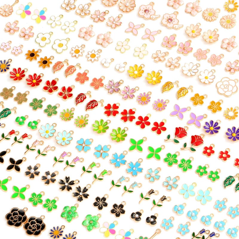 Acejoz 150Pcs Flower Charms for Jewelry Making(In Pairs), Assorted Jewelry Enamel Charms, Wholesale Mixed Bulk Metal Earring Charms for DIY Necklace Bracelet Earring Jewelry Making and Crafting - Image 1