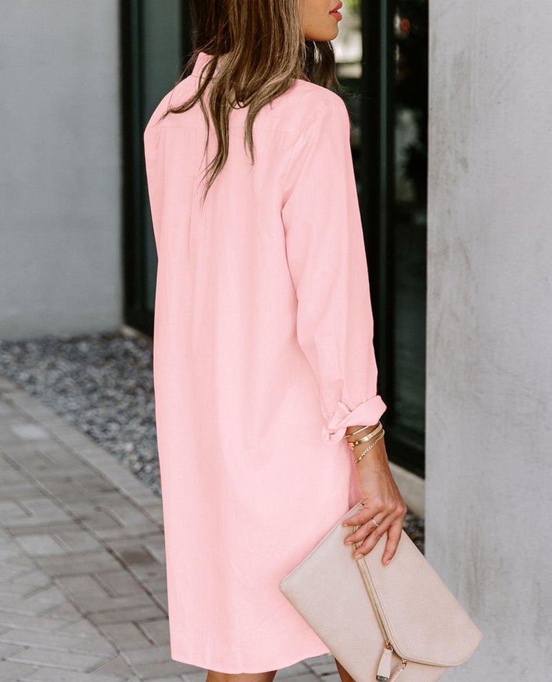 Aoudery Womens Button Down Shirt Dresses with Pockets Cotton Button Up Tunics Long Sleeve Solid High Low Blouse Tops-Light Pink-M - Image 2