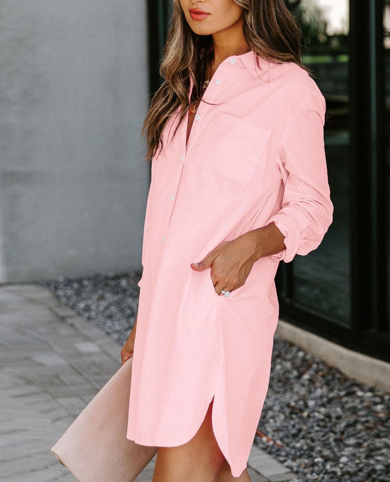 Aoudery Womens Button Down Shirt Dresses with Pockets Cotton Button Up Tunics Long Sleeve Solid High Low Blouse Tops-Light Pink-M - Image 3