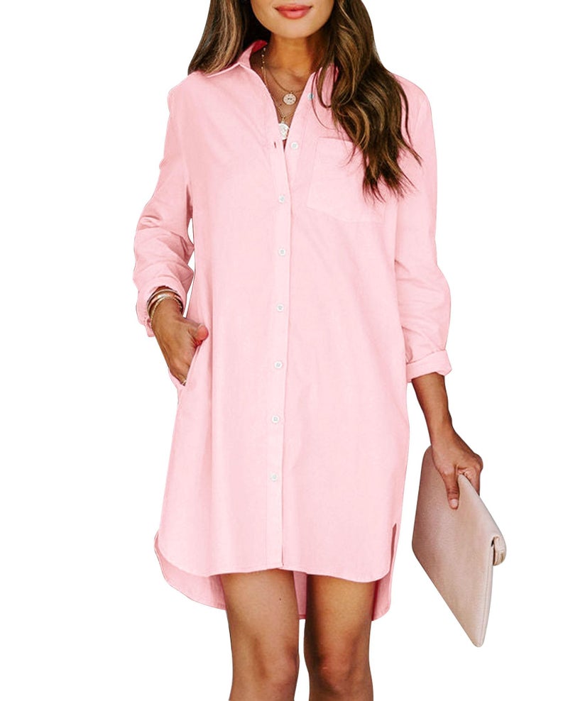 Aoudery Womens Button Down Shirt Dresses with Pockets Cotton Button Up Tunics Long Sleeve Solid High Low Blouse Tops-Light Pink-M - Image 1