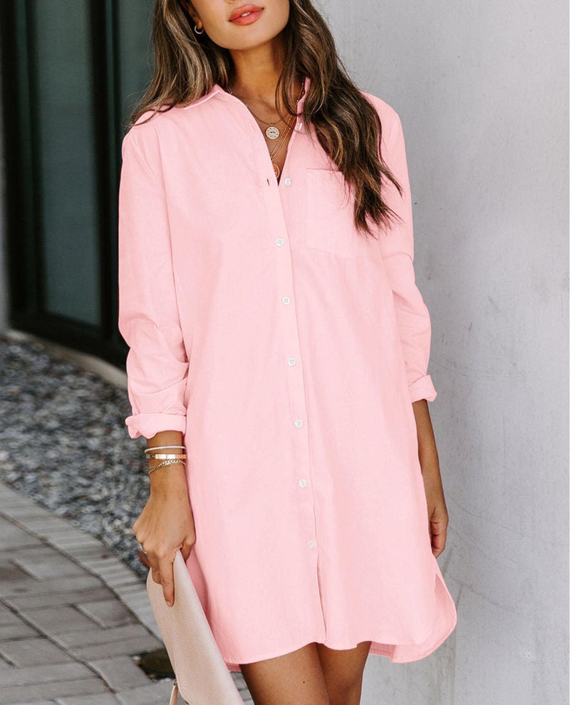 Aoudery Womens Button Down Shirt Dresses with Pockets Cotton Button Up Tunics Long Sleeve Solid High Low Blouse Tops-Light Pink-M - Image 4