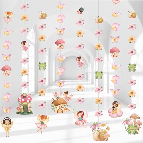 Daifunli 8 Pcs Fairy Party Decorations Fairy First Birthday Hanging Garlands Banner Butterfly Mushroom Flower Paper Cutouts Streamer for Wall Ceiling Decor Wonderland Garden Tale Floral Party Supplies - Image 1