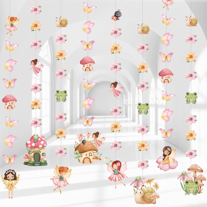Daifunli 8 Pcs Fairy Party Decorations Fairy First Birthday Hanging Garlands Banner Butterfly Mushroom Flower Paper Cutouts Streamer for Wall Ceiling Decor Wonderland Garden Tale Floral Party Supplies - Image 2