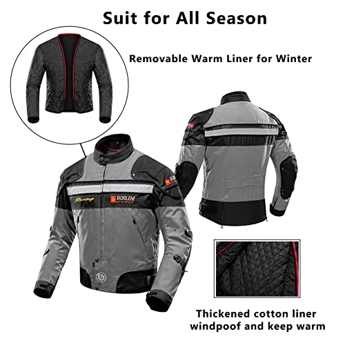 BORLENI Motorcycle Jacket Motorbike Riding Jacket Windproof Motorcycle Full Body Protective Gear CE Armor All Season Gray L - Image 3