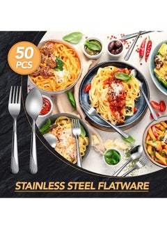 Minatee 50 Pcs Forks and Spoons Silverware Set Stainless Steel Flatware Cutlery Set Heavy Duty Metal Spoons and Forks Set for Kitchen Utensil Dinner Restaurant Home, Mirror Polished, Dishwasher Safe (Stripe)  - Image 4