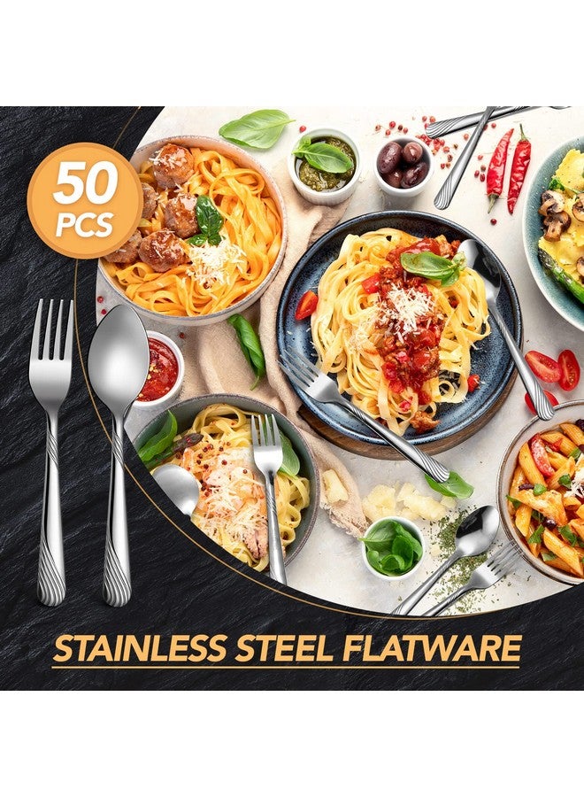 ميناتي مجموعة أدوات مائدة من الفولاذ المقاوم للصدأ مكونة من 50 قطعة من الشوك والملاعق، مجموعة أدوات مائدة من الفولاذ المقاوم للصدأ، مجموعة ملاعق وشوك معدنية شديدة التحمل لأدوات المطبخ والعشاء والمطاعم والمنزل، مصقولة بالمرآة، آمنة للاستخدام في غسالة الأطباق (مخطط) - Image 4