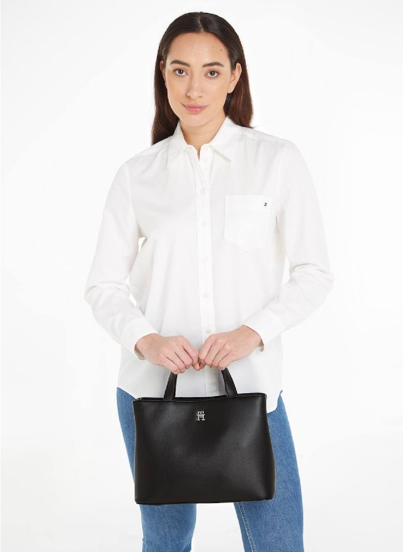 TOMMY HILFIGER - Women's Essential Th Monogram Small Satchel -  Pebble grain finish, Black - Image 1