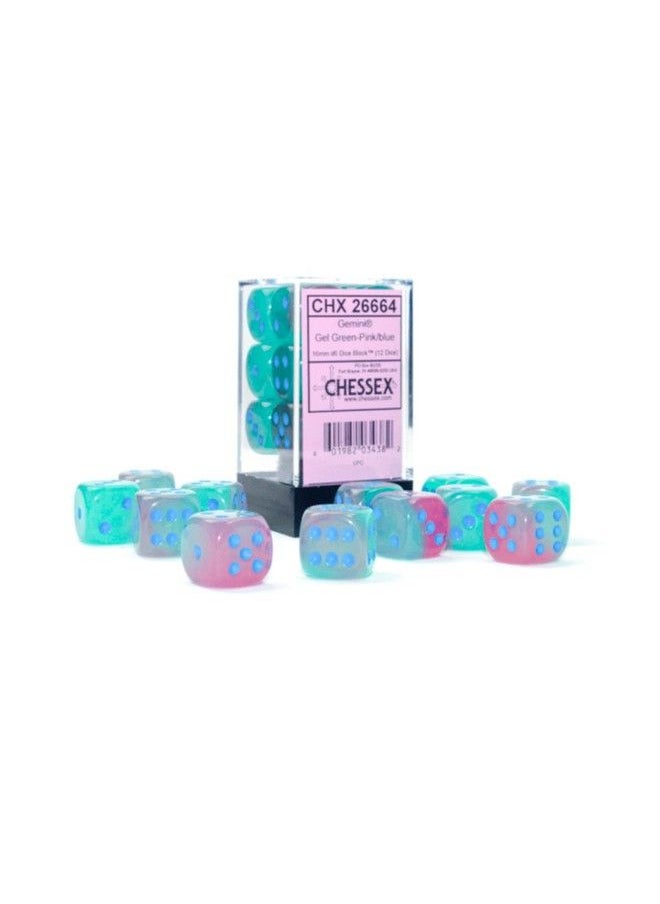 Chessex - Gemini Dice Block ; Set Of 12 Size D6 Dice Designed For Board Games Roleplaying Games And Miniature Games ; Premium Quality 16 Mm Dice ; Luminary Gel Green Pink And Blue Color ; Made By Chessex - Image 1